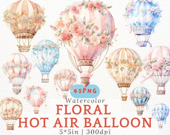 Imágenes prediseñadas de globos aerostáticos de acuarela, globos vintage de dibujos animados con flores, imágenes románticas de globos florales vintage, baby shower rosa y azul.