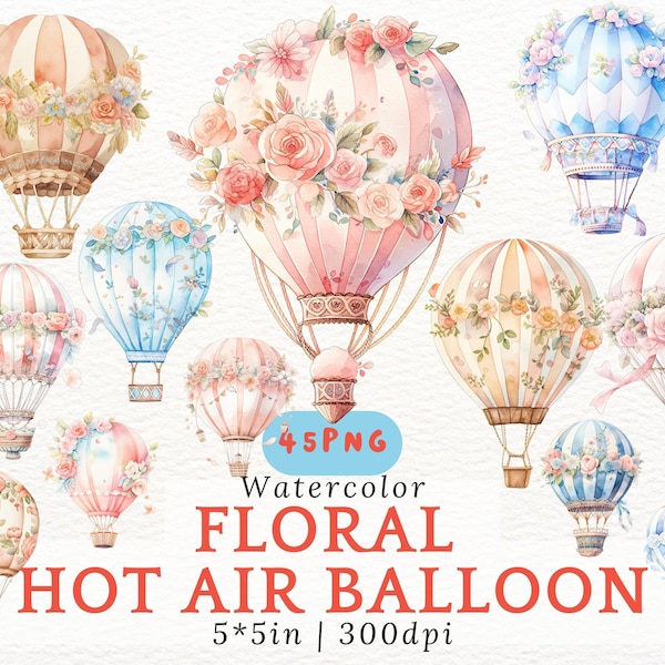 Watercolor Hot Air Balloon Cliparts, Vintage Cartoon Balloon with Flowers, Vintage Romantic Floral Balloon Images, Pink Blue Baby Shower