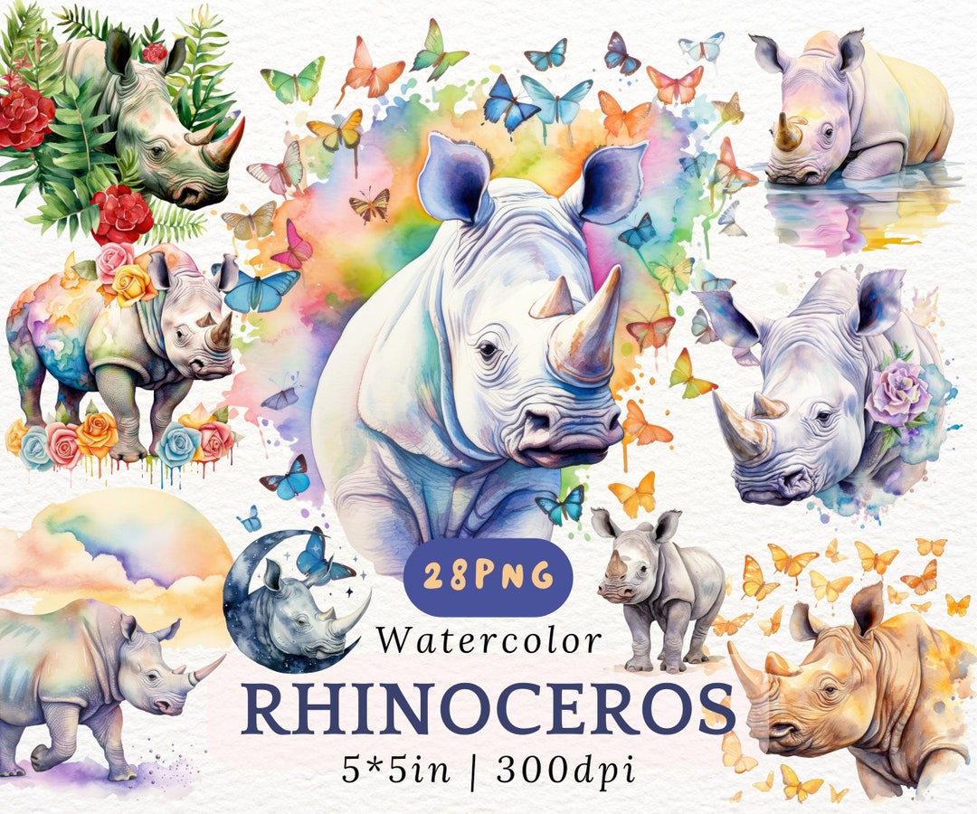 Rhinoceros Watercolor Clipart Bundle, Cute Baby Rhino PNG, Wild Safari ...