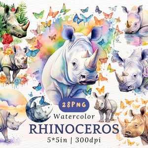 Aquarell Nashorn PNG Clipart, 28 bunte Nashorn Illustrationen mit Schmetterlingen, Floralen, Fantasy Elementen, 5 x 5 in 300DPI druckbare Tiere