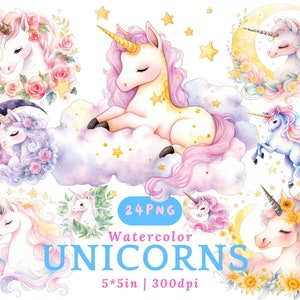 Unicornios de dibujos animados en acuarela - Lindos unicornios regordetes rosados de ensueño kawaii, fondo transparente PNG, animales mágicos, decoración infantil