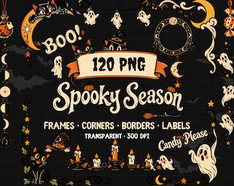 Vintage Halloween Clipart Bundle: 120 PNG Frames, Borders & Labels for Junk Journals