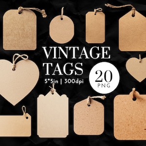 Kraft Paper Tag Clipart - Etiquetas em branco vintage PNG para diário de lixo, etiquetas de presente para impressão, itens de scrapbooking, 5 x 5 pol, 300 dpi