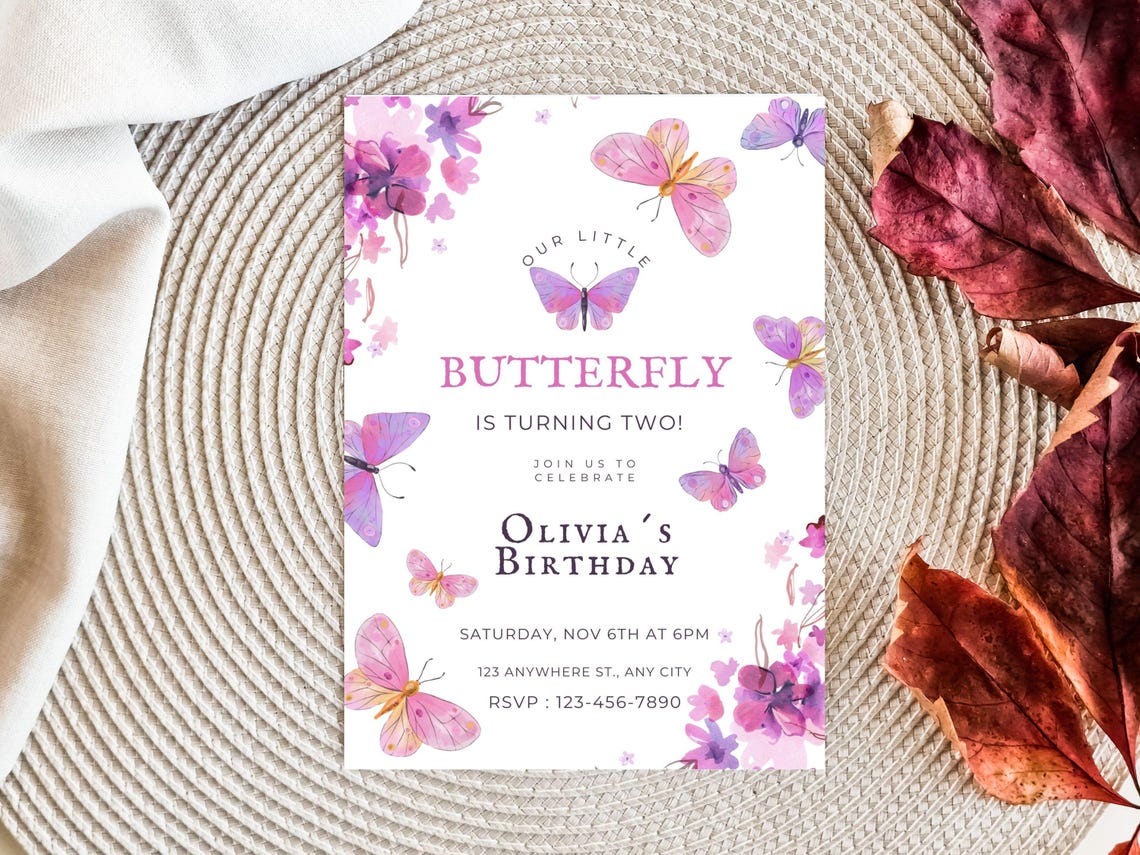 Purple Butterfly Birthday Invitation, Floral Garden Card (PDF & PNG ...