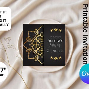 Gold & Schwarz Luxus Geburtstagseinladung, elegante quadratische Karte, Canva bearbeitbare Vorlage, anpassbare Party einladen, druckbarer digitaler Download