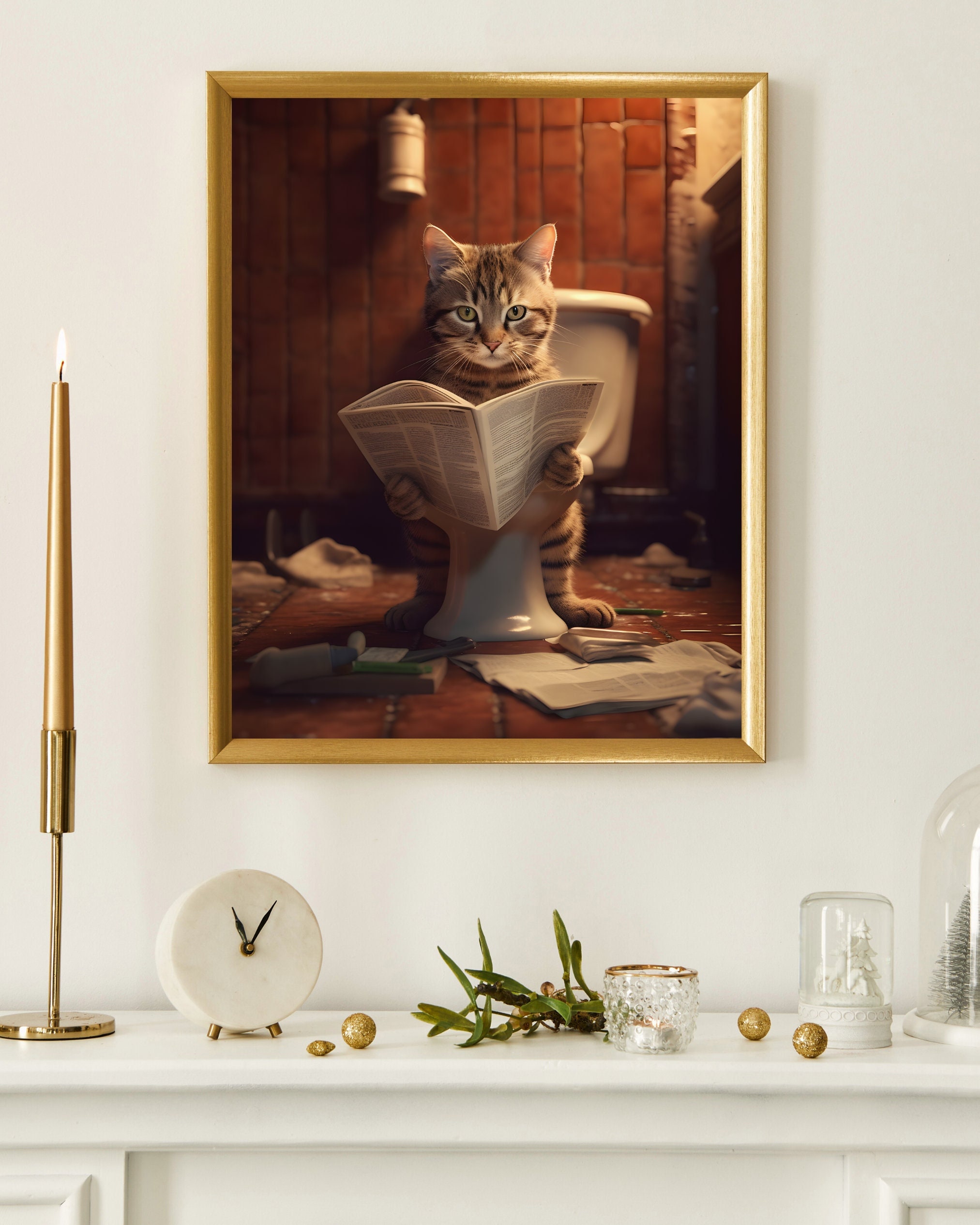 Cat Art Cat Bathroom Art Grey Cat Art Bathroom Art Big Cat - Etsy