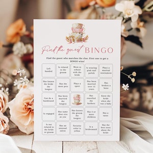 Juego de bingo Find The Guest, juego de despedida de soltera Tea Party, juego imprimible de despedida de soltera Blush Pink, juego para romper el hielo editable, tarjeta de juego de bingo - EJ16