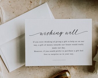 May include: A white card with the text "wishing well" in a cursive font. The card includes a message about giving a gift of money towards the couple's future or purchasing a gift.