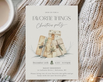 Op de afbeelding: Een uitnodiging voor een kerstfeest met een aquarel-illustratie van ingepakte cadeaus. De uitnodiging luidt "Join us for a Favorite Things Christmas Party" en bevat de datum, tijd en locatie van het feest. De tekst vermeldt ook dat gasten twee van hun favoriete cadeaus ter waarde van € 20 mee moeten nemen en met twee nieuwe favoriete cadeaus naar huis kunnen gaan.
