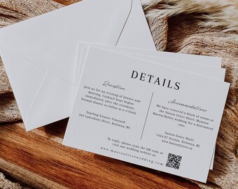 Minimalist Wedding Details Card with QR Code, Details Card Template, Wedding Invite Enclosure Card, Printable, Editable Details Card - EJ02