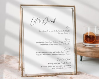 Minimalist Wedding Bar Menu, Let's Drink Bar Sign, Printable Bar Menu, Wedding Drink Sign, Signature Drink Sign, Editable Bar Menu - EJ03