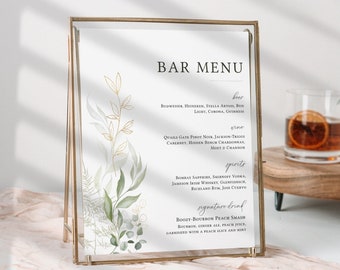 Greenery Wedding Bar Menu, Bar Menu Template, Printable Bar Menu, Wedding Drink Sign, Signature Drink Menu, Modern Bar Sign, Editable - EJ01