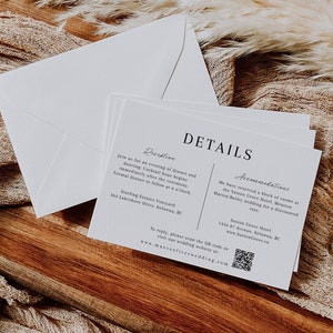 Minimalistische kaart met bruiloftdetails met QR-code, kaartsjabloon met details, bijlagekaart bruiloftsuitnodiging, afdrukbare, bewerkbare detailskaart - EJ02