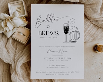Bubbles and Brews Invitation, Couples Shower Invite, Champagne and Beer Bridal Shower, Engagement Party Invite, Editable Template - EJ07