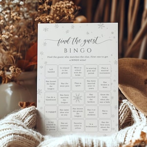 Plantilla de juego de bingo Find The Guest, juego de despedida de soltera en invierno, juego de despedida de soltera Snow in Love, juego imprimible, tarjeta de juego de bingo editable - EJ28