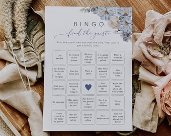 Find The Guest Bingo Game, Dusty Blue Bridal Shower Game, Blue Floral Bridal, Printable Game, Editable Template, Bingo Game Card - EJ18