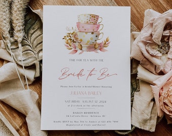 Tea Party Bridal Shower Invitation, High Tea Invite, Blush Pink Bridal Shower, Printable, Editable Template, Digital Shower Invite - EJ16