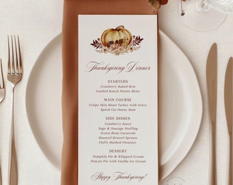 Sjabloon voor een Thanksgiving-dinermenu met pompoenmotief, bewerkbaar Thanksgiving-menu, printbaar dinermenu, printbaar herfstdinermenu - EJ29