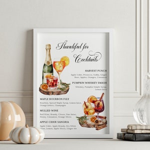 Modèle d'enseigne pour Thanksgiving, carte de remerciement pour les cocktails, enseigne de bar Friendsgiving, carte de boissons d'automne, enseigne de bar de mariage automne - EJ29