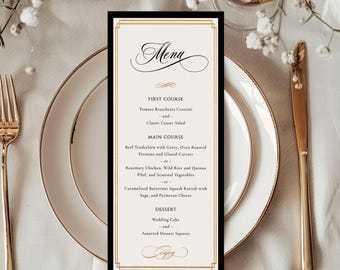 Plantilla de tarjeta de menú de boda de estilo tradicional, menú de cena elegante, decoración de mesa de boda editable en negro y dorado, menú clásico imprimible - EJ14
