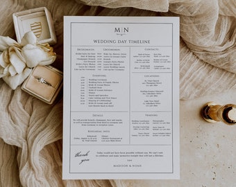 Monogram Wedding Party Timeline, Printable Wedding Day Schedule, Bridal Party Timeline, Editable Template, Digital Wedding Itinerary - EJ08