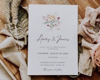 Simple Floral Wedding Invitation Template, Botanical Invittation, Watercolor Floral Invite, Wildflower Wedding, Editable, Printable - EJ15
