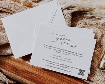 Peut inclure: Une carte blanche avec du texte noir détaillant les informations de la réception de mariage. Le texte indique "Finer Details" et comprend le lieu, l'heure et les informations RSVP. Un code QR est inclus pour un accès facile au site Web du mariage.