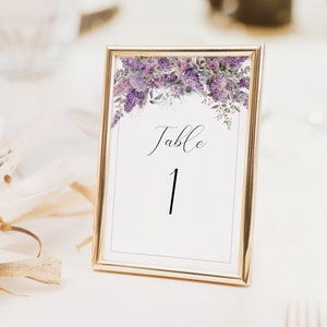 Cartes de numéro de table lilas, modèle de numéros de table de mariage, numéros de table de réception, numéros de table imprimables, floral violet, 5 x 7, 4 x 6, - EJ04