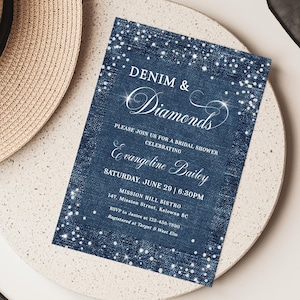Denim and diamonds party invitation with a denim inspired background and diamond accents