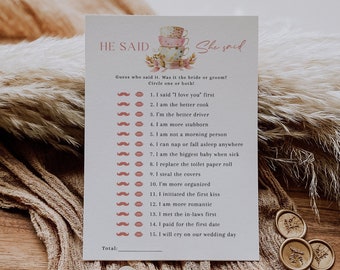 He Said She Said Bridal Shower Game Template, Tea Party Shower Game, High Tea Bridal Shower, Guess Who Said It Game Card, Printable - EJ16