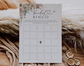 Plantilla de bingo para despedidas de soltera, juego de despedida de soltera de abejas, imprimible, bingo de regalos para despedidas, diseño floral rosa - EJ16