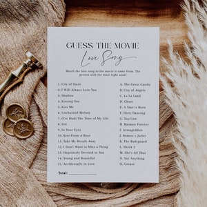 Guess The Movie Love Song Bridal Shower Game, Minimalist Name the Love Song Game Template, Name That Tune, Printable, Editable - EJ07