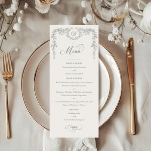 Cardápio de casamento verde sálvia, cardápio floral chinoiserie verde, modelo de casamento vintage toile, menu de casamento monograma para impressão - EJ33S