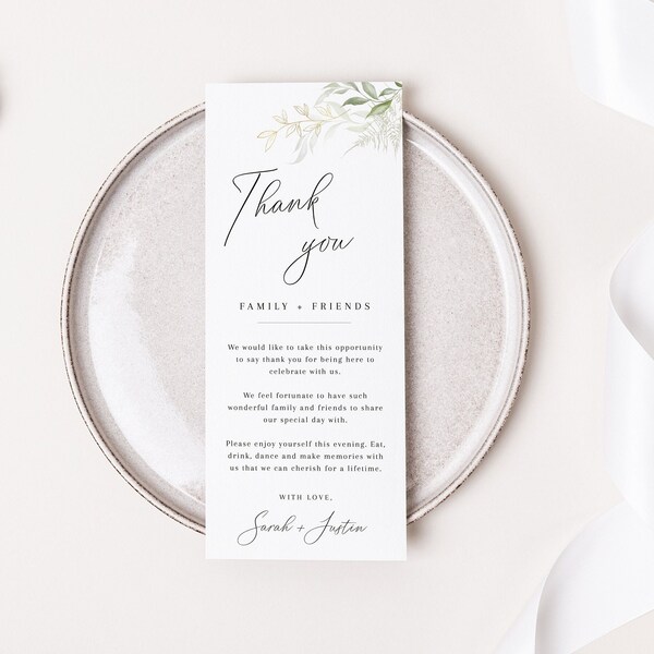 Minimalist Wedding Table Thank You Template, Thank You Napkin Note, Printable Thank You, Place Setting Thank You, Greenery, Editable - EJ01