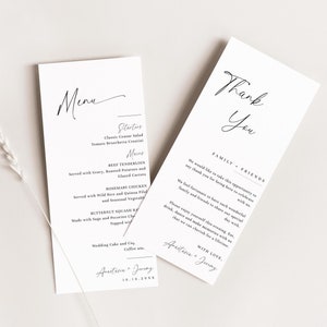 Minimalistisches Hochzeits-Dankes- und Menükarte, Hochzeitsmenü-Dankeschön-Vorlage, Hochzeits-Serviettennotiz, bearbeitbares modernes Gedeck - EJ03