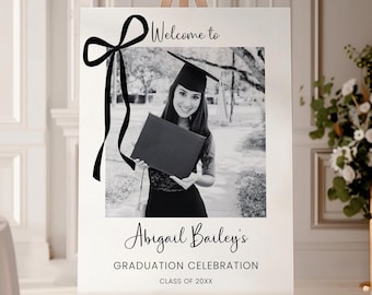 Bow Graduation Welcome Sign, Photo Graduation Poster Template,  Black Bow Theme Graduation Sign,  College Graduation Party Welcome - EJ40