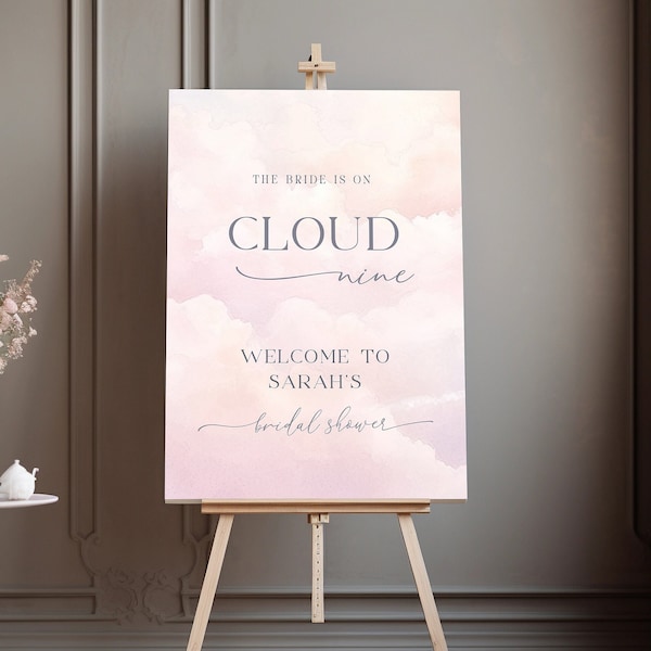 Pink On Cloud Nine Bridal Shower Welcome Sign, Bridal Shower Welcome Sign, Pink Cloud Bridal Shower Sign, Editable Large Sign - EJ24