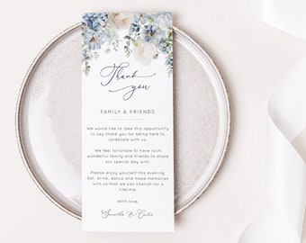 Tarjeta de agradecimiento para la mesa de boda, servilleta de agradecimiento, tarjeta de agradecimiento imprimible, tarjeta de agradecimiento editable para la mesa, boda floral azul empolvado - EJ18