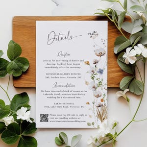 Modèle de carte de détails de mariage de fleurs sauvages, carte de détails avec code QR, insertion d'invitation de mariage imprimable, carte de pièce jointe modifiable - EJ10