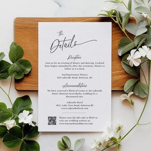 Modèle de carte de détails de mariage minimaliste, carte de détails avec code QR, carte de clôture de mariage modifiable et imprimable, insertion d'invitation de mariage - EJ09