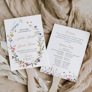 Wildflower Wedding Program Fan Template, Ceremony Program Fans Floral, Editable Program Fan, Printable Wedding Fan for Guests - EJ15