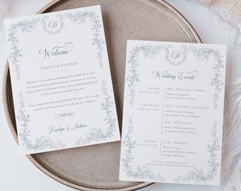 Wedding Welcome Letter and Events Timeline Template, Chinoiserie Wedding Welcome Itinerary Card, French Toile Welcome Bag Note - EJ33