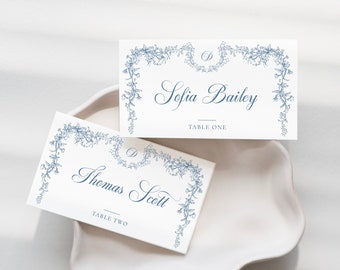 Tarjetas de lugar en azul polvoriento, plantilla para tarjetas de lugar de boda, tarjeta de lugar estilo chinoiserie vintage, tarjetas de lugar editables, tarjeta de lugar con forma de carpa - EJ33B