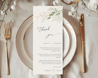 Minimalist Wedding Table Thank You Template, Thank You Napkin Note, Printable Thank You, Place Setting Thank You, Greenery, Editable - EJ01