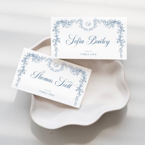 marque-places bleu vieux, modèle de marque-places pour mariage, marque-places avec chinoiseries vintage, marque-places modifiables, marque-places sous tente - EJ33B
