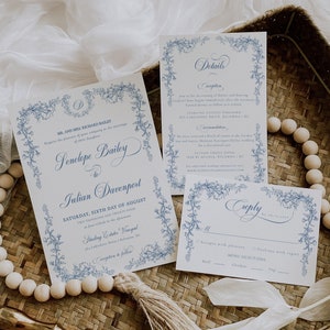 Staubblaue Hochzeitseinladung, Blaue Hochzeitseinladung mit Toile, Vorlage für die Hochzeitseinladung, Chinoiserie-Hochzeitseinladung, Botanisches Monogramm-EJ33B