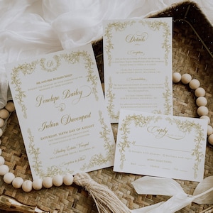 Gold Toile, Hochzeitseinladung, Goldene Hochzeitseinladung, Chinoiserie Hochzeitseinladung, Botanisches Monogramm - EJ33G