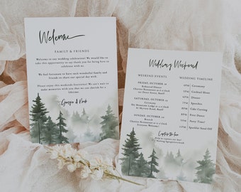 Welcome Letter & Timeline Template, Wedding Order of Events, Welcome Note and Itinerary, Welcome Bag Card, Rustic Wedding, Forest - EJ19