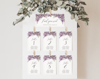 Wedding Seating Cards Lilac, Wedding Seating Chart Cards 4x6 & 5x7, Find Your Seat Sign Template, Editable Floral Seating Plan - EJ04