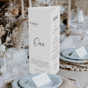 Modello di numero di tavolo triangolare per matrimonio, menu moderno a tre ante, ringraziamento al tavolo, supporto da tavolo triangolare, numeri di tavolo per matrimonio - EJ02